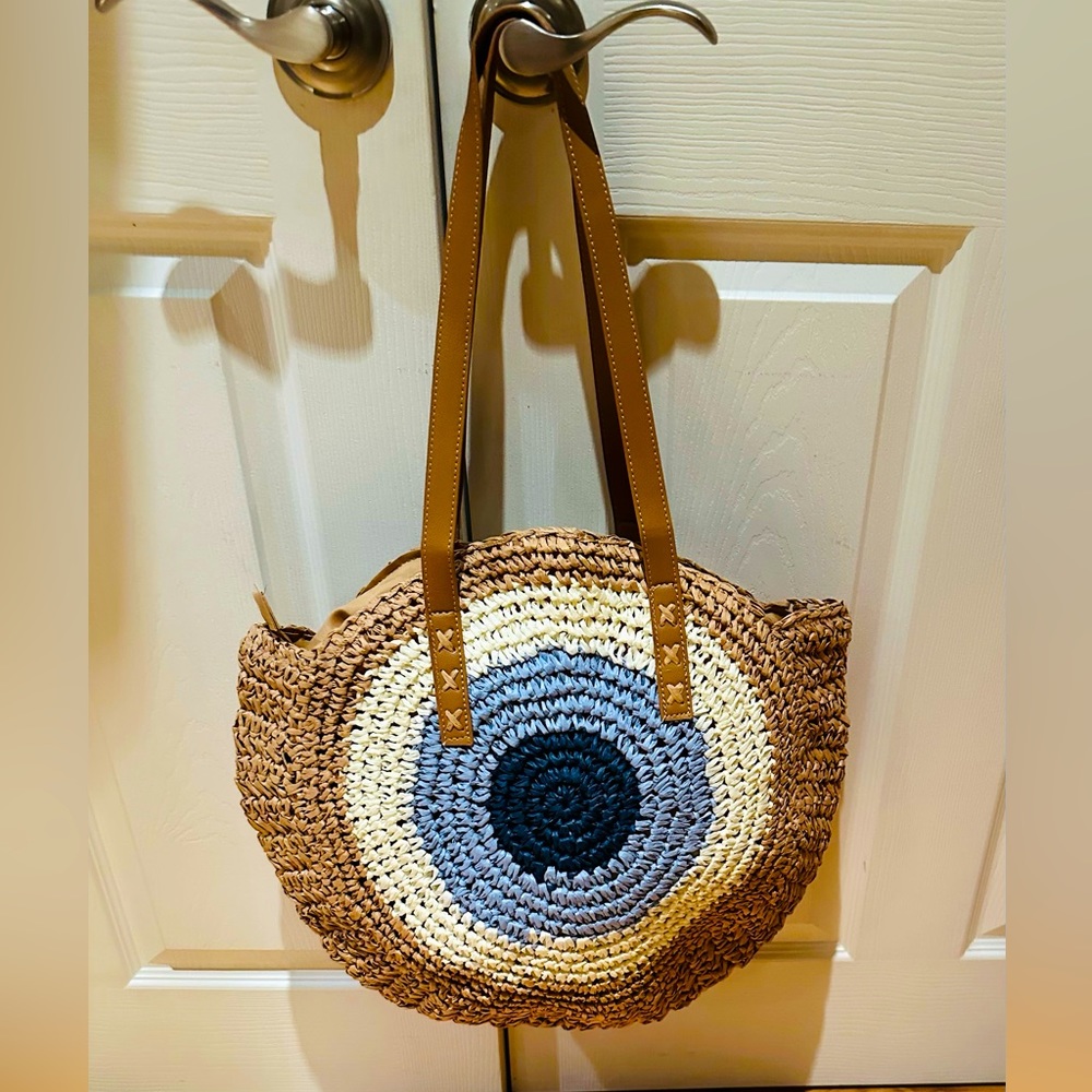Evil Eye Handmade Raffia Crochet Taupe Color Beach Bag with Zipper closure